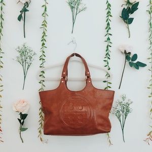 Tory Burch Brown/Tan "Bombe Leather Tote" Handbag